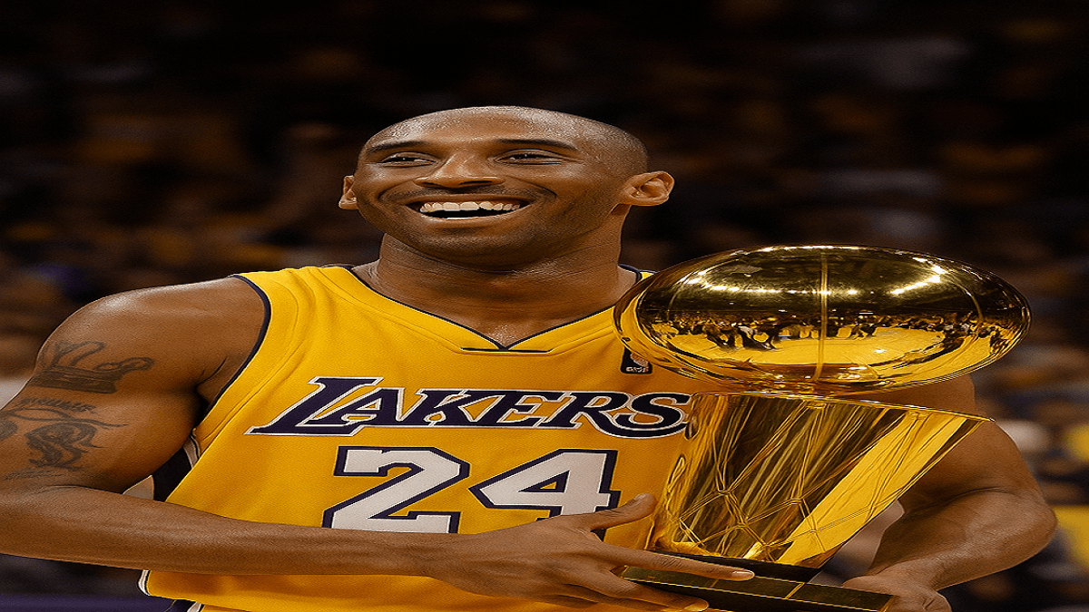 Kobe Bryant celebrating an NBA Championship victory with the Los Angeles Lakers, holding the Larry O’Brien Trophy